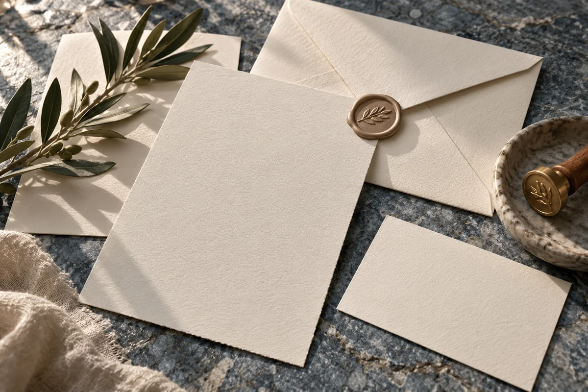 Ivory envelopes and blank invitation cards with a wax seal on blue-gray stone