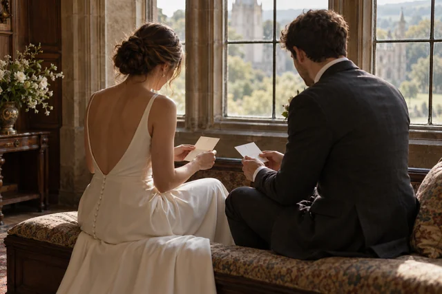 Couple seen from behind exchanging private handwritten cards beside a window