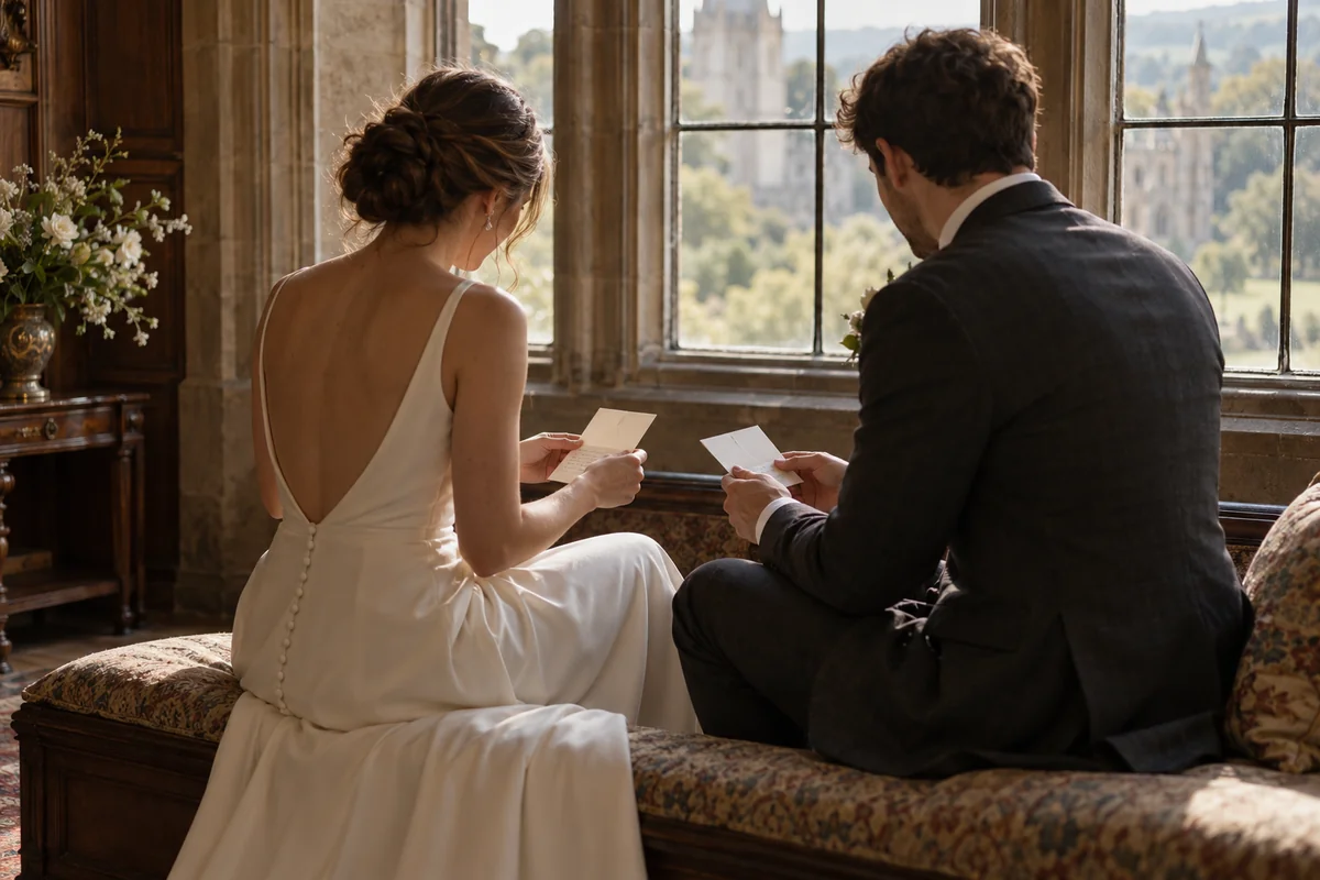 Couple seen from behind exchanging private handwritten cards beside a window