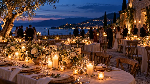 Wedding reception tables glowing with candlelight as distant guests gather at twilight