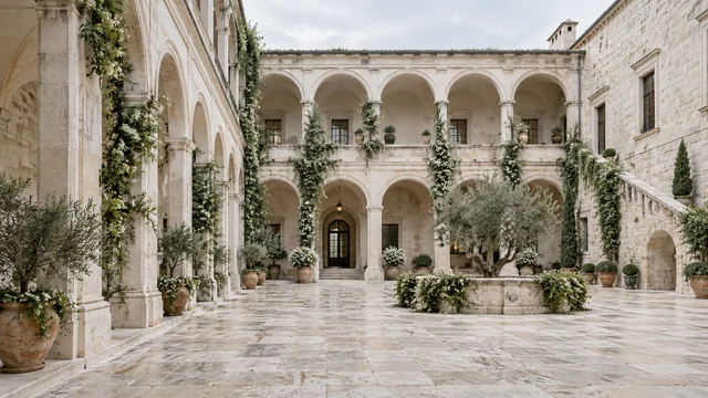 Airy stone wedding courtyard with historic arches and an open central space
